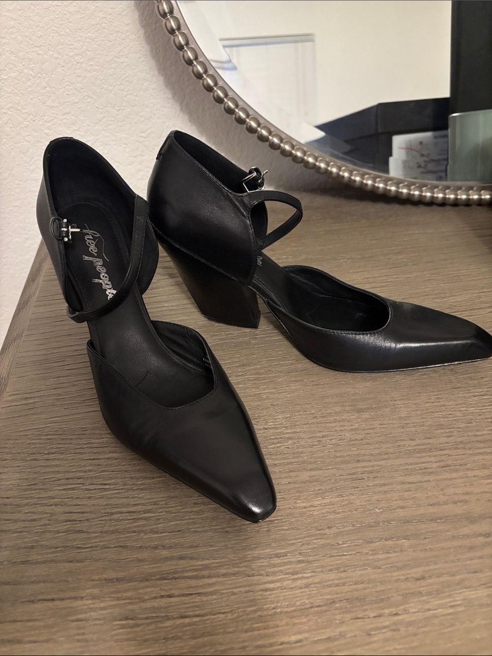 Free People Black Pointed-Toe Mary Jane Heels with Ankle Strap